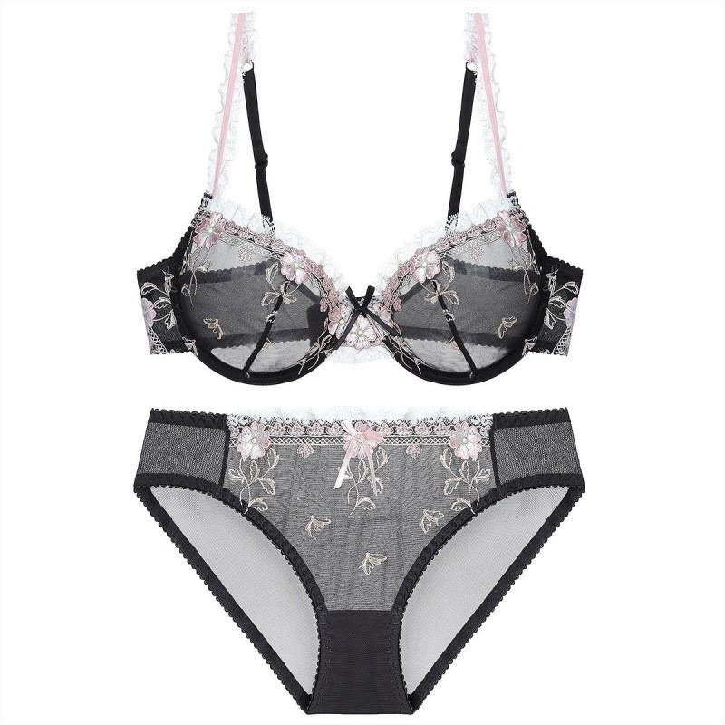 French Ultra-thin Embroidered Lace Underwear Women's Sexy Perspective Temptation Bra Big Chest Small Top Support Bra Set