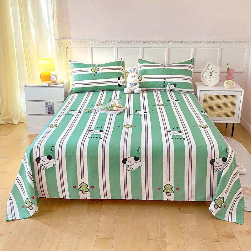 Cute Bear 100% Cotton Bed Sheet Set Plaid Pattern Cartoon Theme Flat Sheets with 2 Pillowcases Breathable Soft Bedding Set