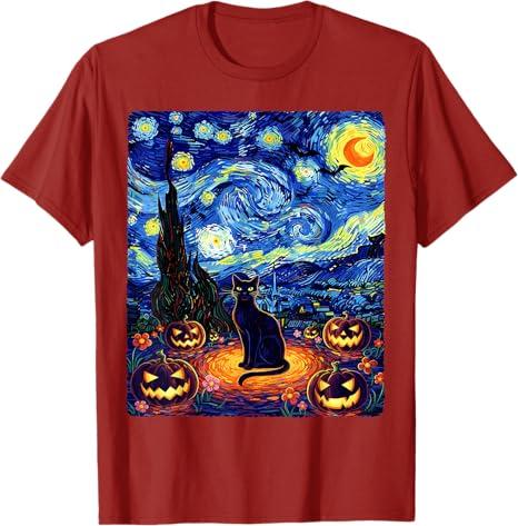 

Halloween Black Cat Van Gogh Starry Night Cat Costume Women TShirt Y2k Kitten Pumpkin Spooky Graphic Outfit Novelty Tee Gifts S