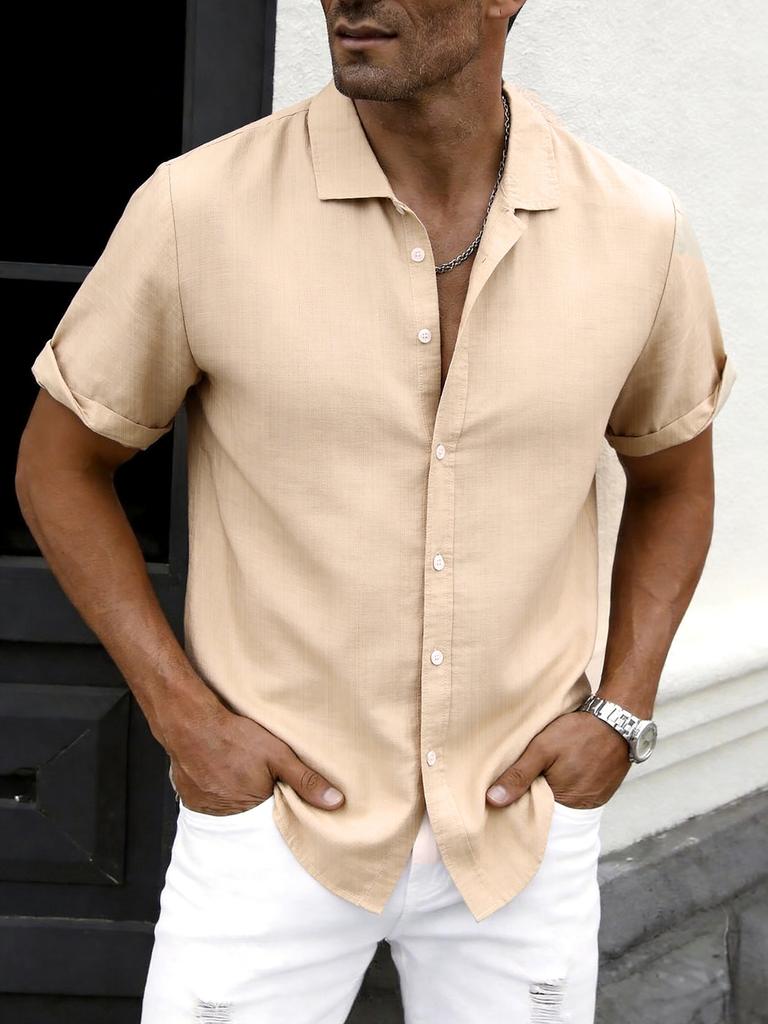 New summer men's plus size shirt teen solid color short-sleeved lapel shirt top men's