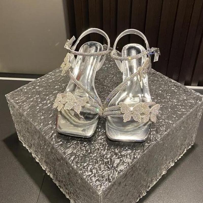 Rhinestone Butterfly Ankle Strap Women Sandals Summer Size 40 French Mid Heel Female Outwear Party Dress Shoes Zapatos De Mujer