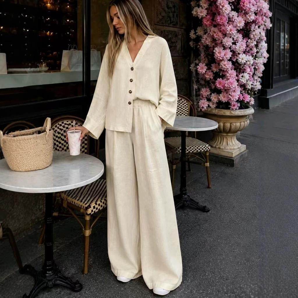 Women's Summer New European and American V-neck Wooden Button Loose Long-sleeve Top, Elastic Waist Wide-leg Pants Two-piece Set