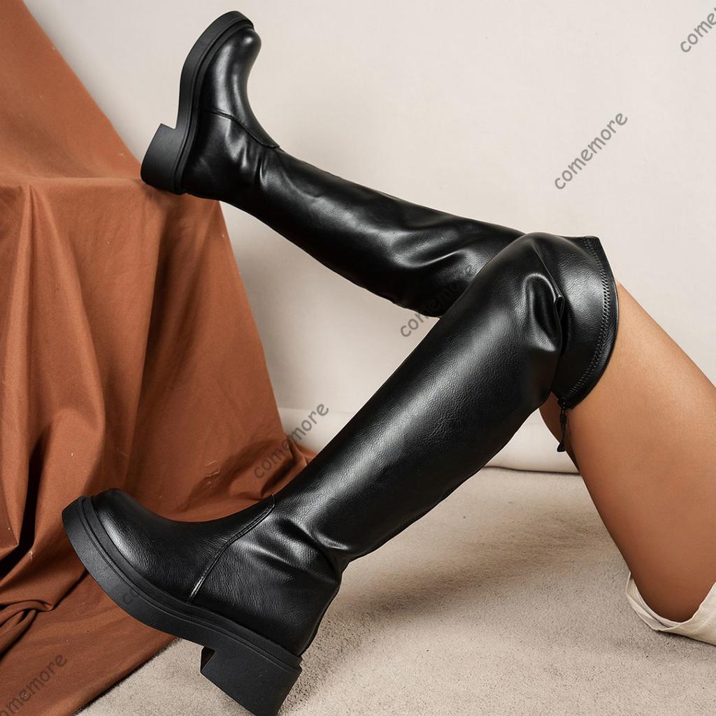 Fashion Comemore Black Brown Over The Knee Boots Women's Outdoor Back Zipper Thick Soled Shoes for Women Gothic Middle Heel Long Boots