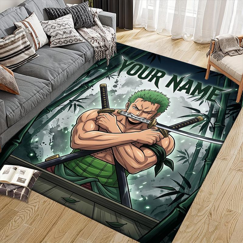 Custom Name,Roronoa Zoro Home Sofa Decoration for Living Room & Bedroom, Non‑Slip Play Flannel Floor Mat for Game Room