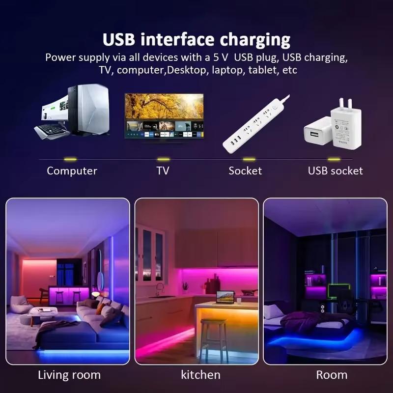 1–30M RGB LED Strip Lights 5V USB Bluetooth APP & 24-Key Remote Control Flexible Light for TV Backlight Bedroom Party Decor