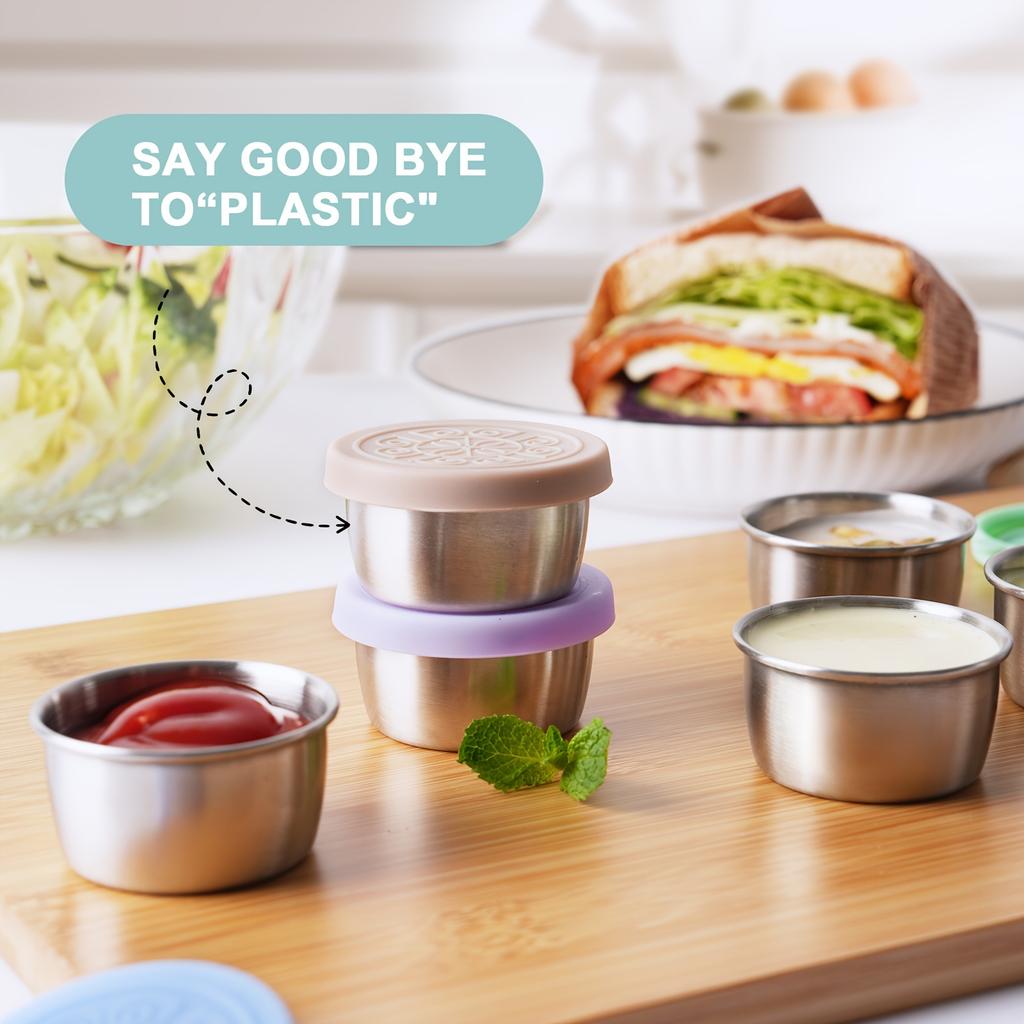 1.6 oz Stainless Steel Salad Dressing Containers with Leak-proof Silicone Lids. Ideal for Lunch Boxes, Picnics & Travel.