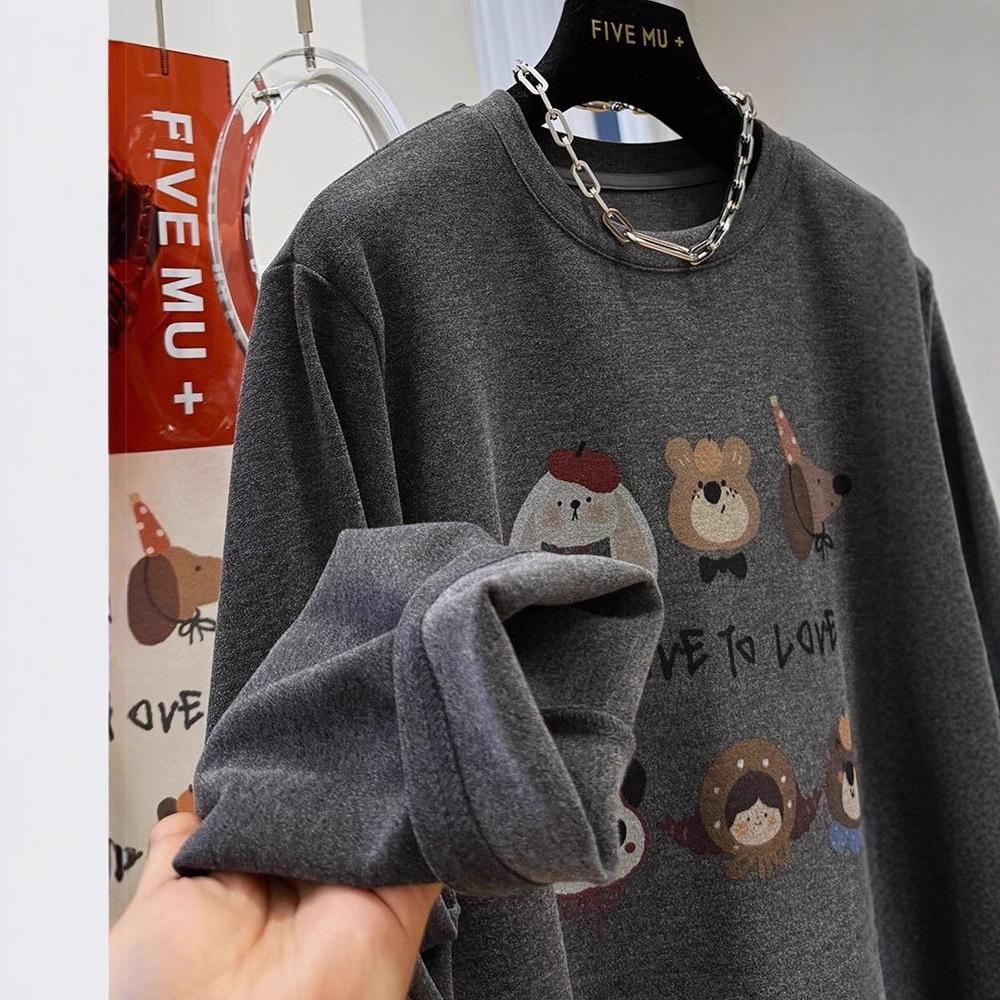 Women's Long Sleeve Top O Neck Casual Graphic Tee Loose Fit Cartoon Print Thermal Derun Fabric Winter Basic Shirt