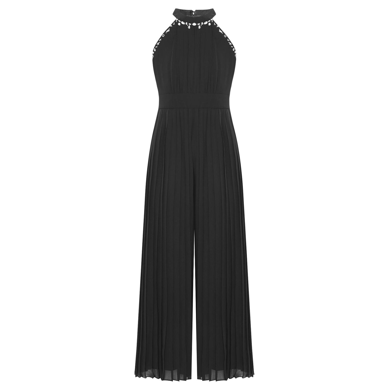 

Girls Round Collar Sleeveless Jumpsuit Pleated Beading Rhinestone Embellished High Waist Wide Leg Romper 7-8 Years чорний