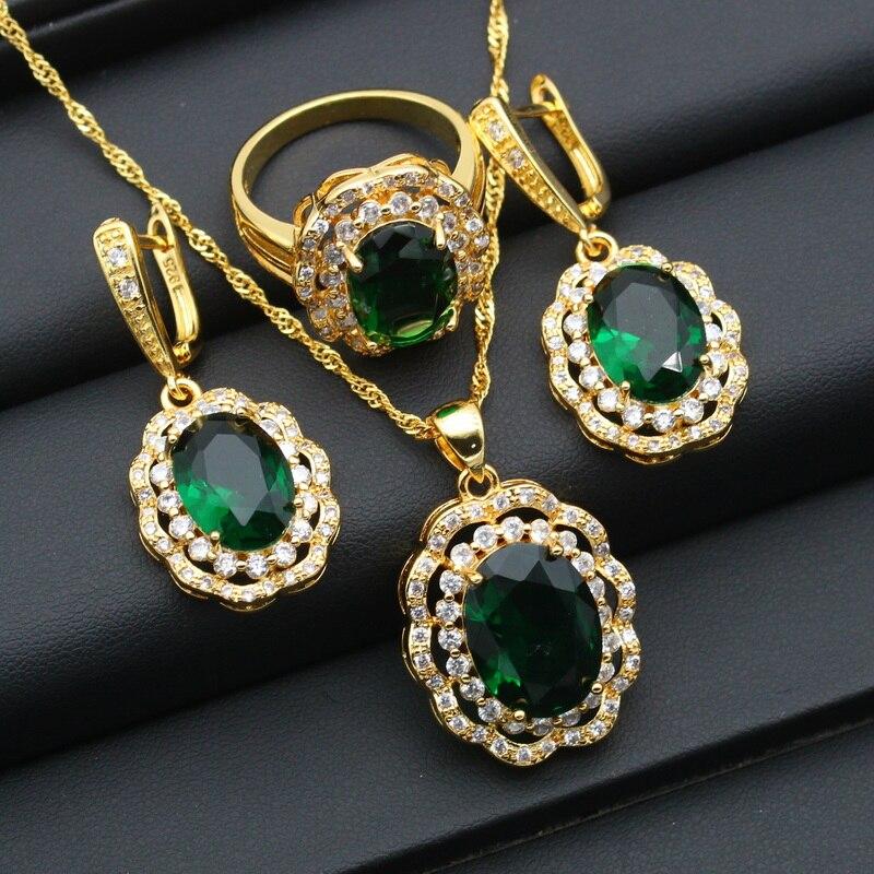 

Наборы свадебных украшений золотого цвета для женщин, свадебные изумрудно-синие серьги с цирконием, кулон, кольцо, браслет-цепочка, Рождественский подарок 7