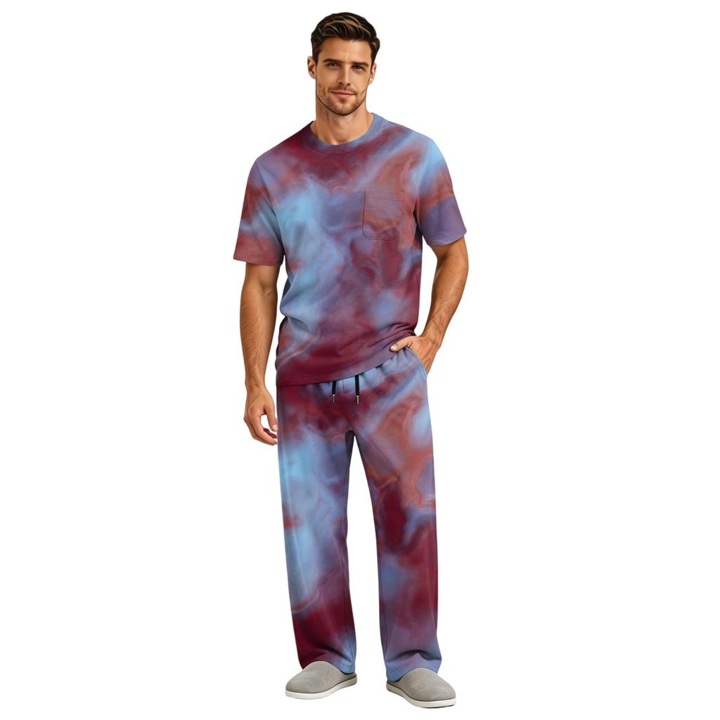 Men's Home Pajama Set, Short Sleeve Top and Long Pants with Button Fly and Drawstring Waist