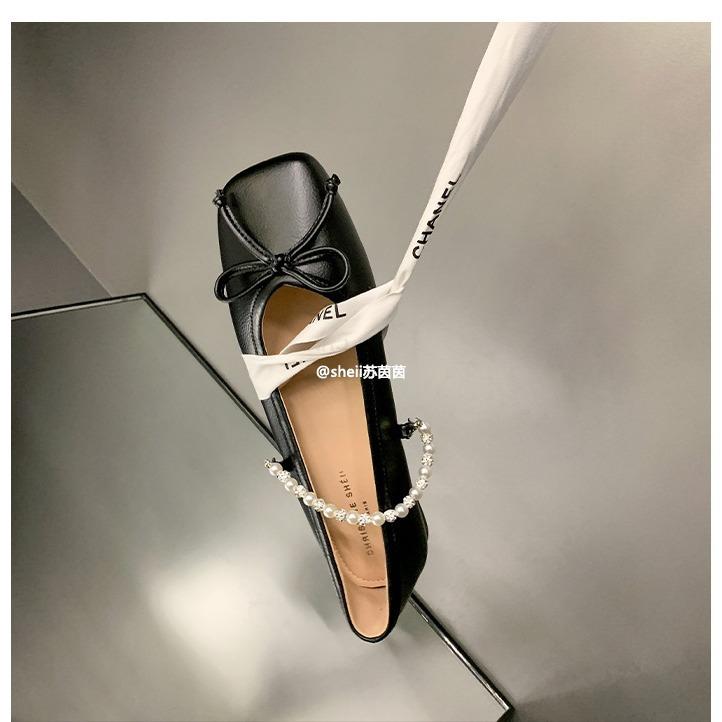 

Версия из овчины~ Те же туфли Мэри Джейн на плоской подошве с квадратным носком и бантом, цепочкой из бисера и стразов, балетки женские 42 чёрный