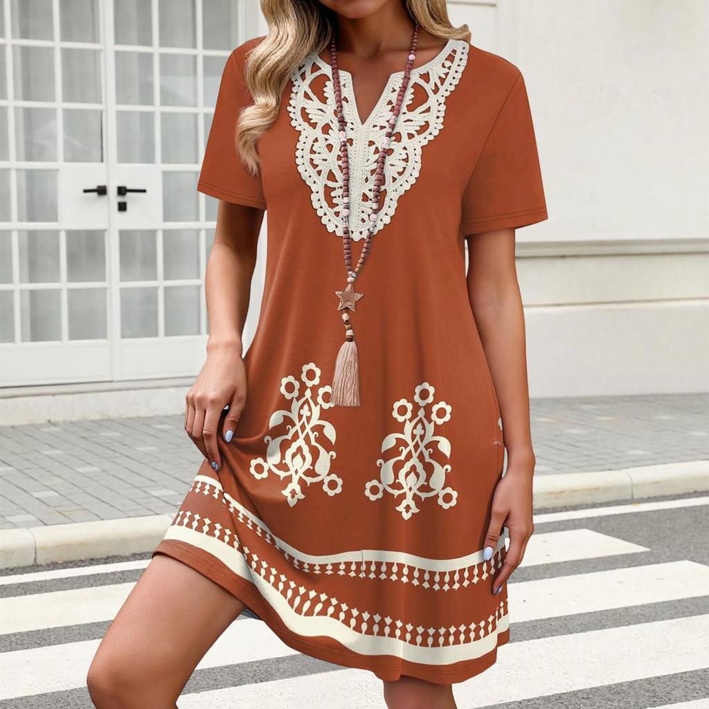 Damenkleid mit kurzen Ärmeln, lockerem Schnitt, knielang, mit geometrischem Print und besticktem Ausschnitt für den lässigen Alltagsgebrauch