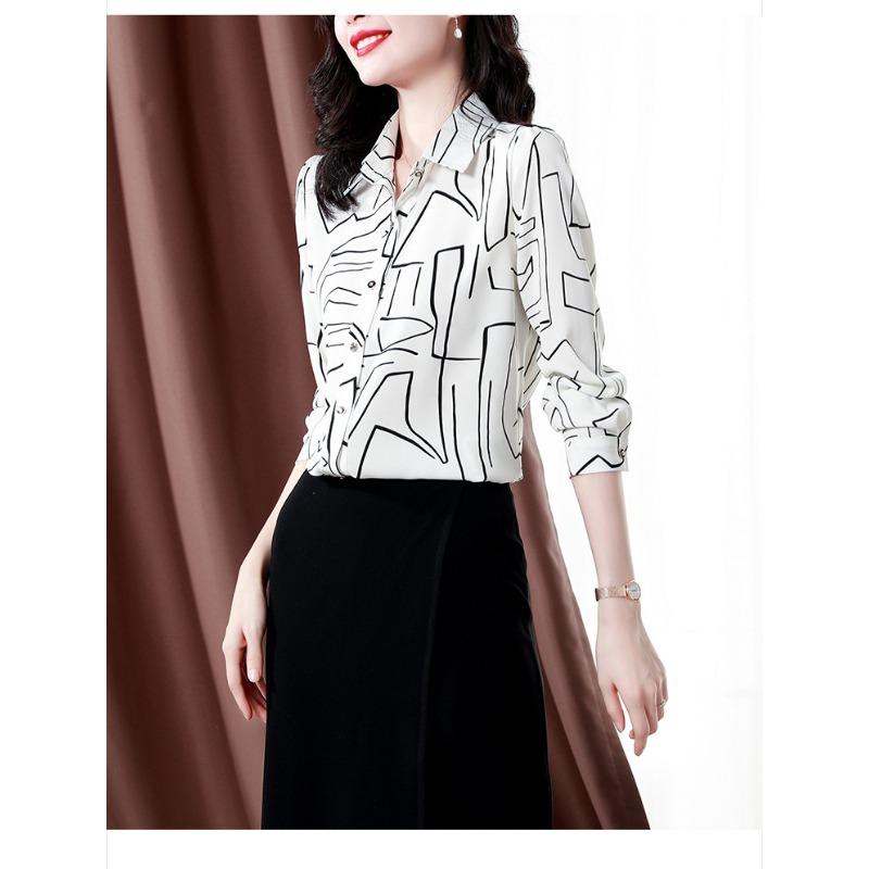 Damen Frühlings Weiß Schwarz Geometrischer Druck Hemd Revers Langarm Satin Arbeits Oberteil