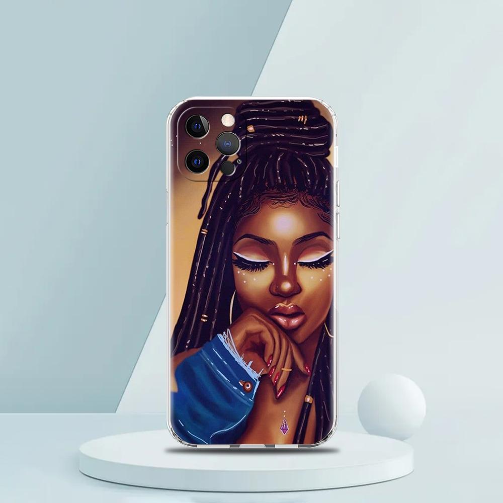 Fashion Black Girl Phone Case for iPhone 16 15 14 13 12 Pro Max Cover Transparent for iPhone 11 Pro Max 7 8 Plus XS XR Shell Bag