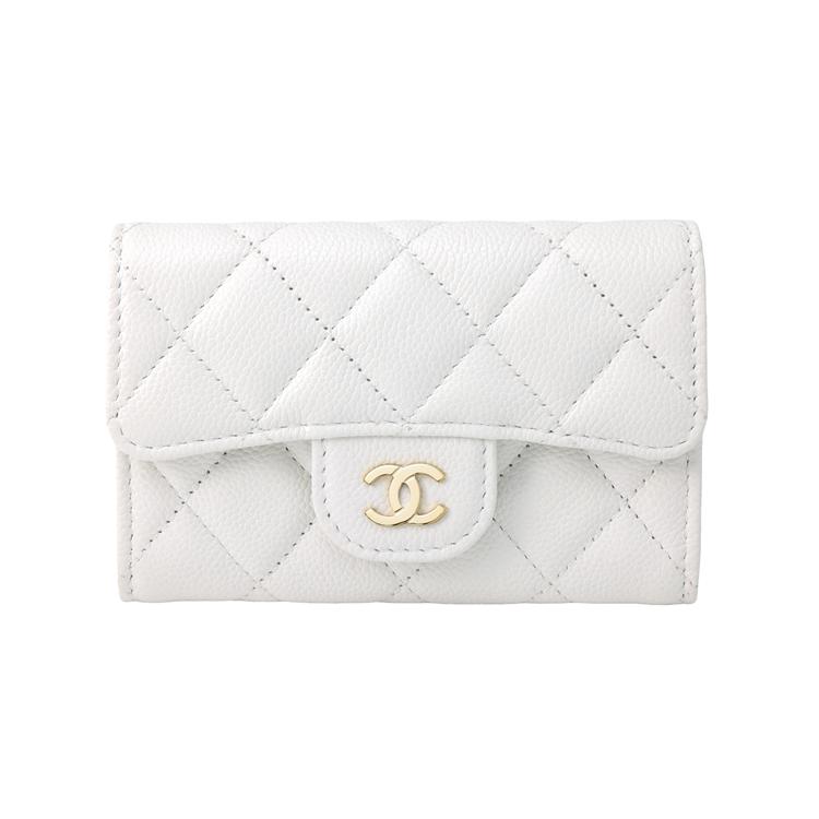 Chanel 24P Classic Double C Logo Quilted Glossy Grain Calfskin Silver Metal Card Holder Women Accessories White AP0214-B15532-10601