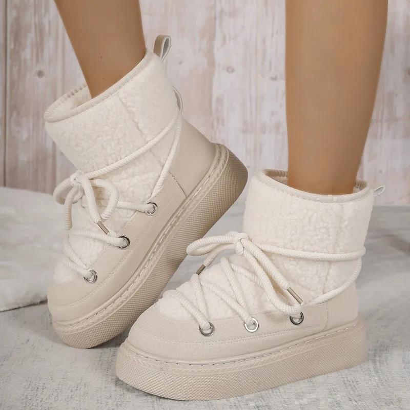 Fashion Fashion Lace Up Design Platform Womens Snow Boots Winter Faux Fur Flats Wool Warm Cotton Shoe Anti-slip Short Boot Botas
