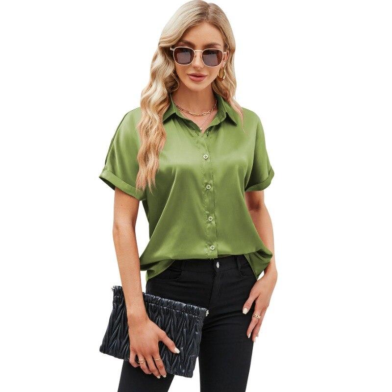 Sommer Kurzarm Satin Hemd Frauen Fashion Solid drehen-unten Kragen Bluse Elegante Beiläufige Lose Büro Damen Tops Blusas 28495