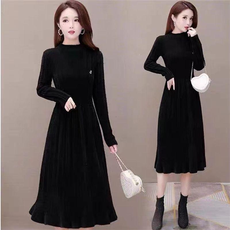 

Женский свитер из норкового велюра средней длины, новый осенне-зимний универсальный вязаный базовый свитер-платье S чёрный