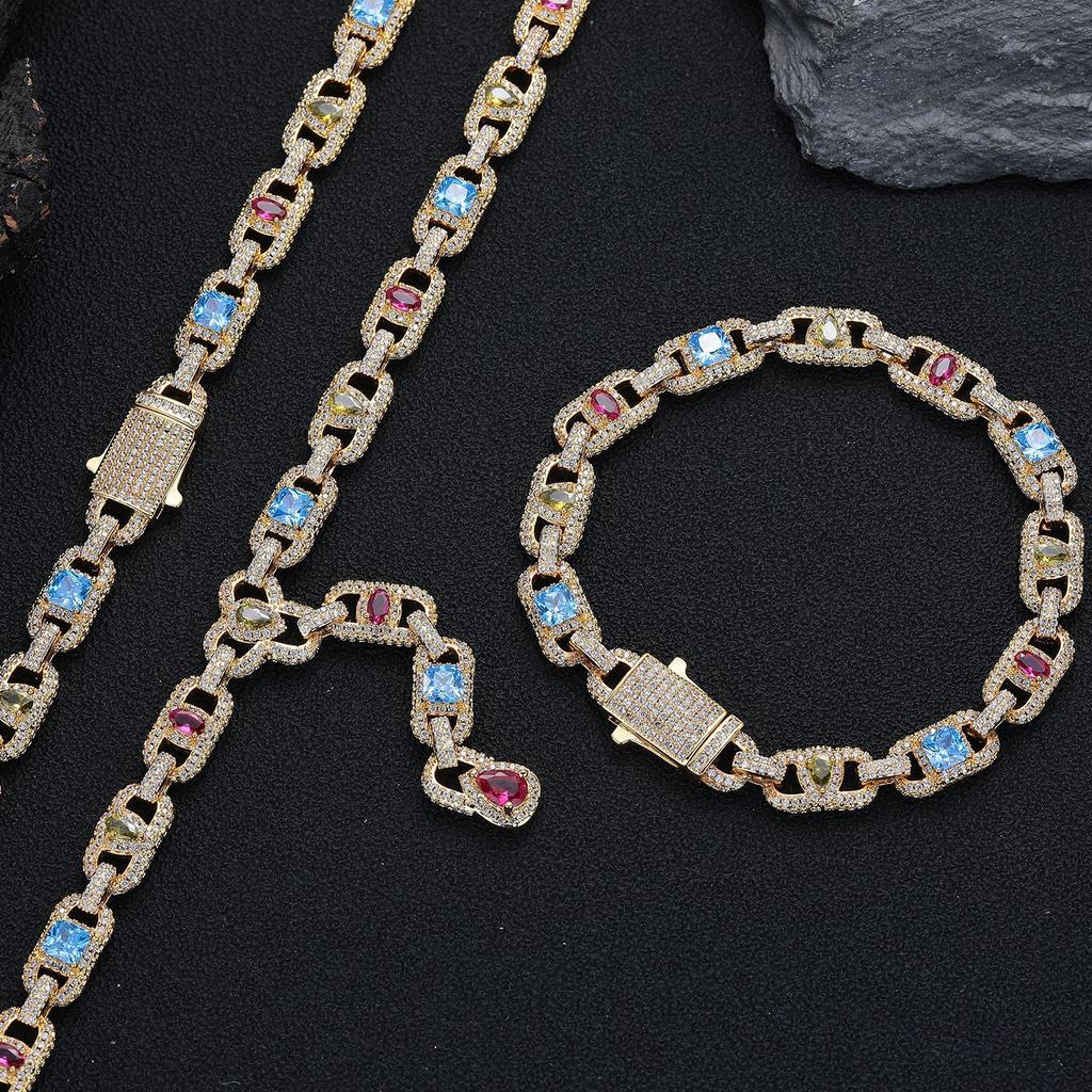European and American hip-hop style color zircon geometric chain 1111 spring Xiaoxiangfeng full of men's and women's colored jewelry accessories