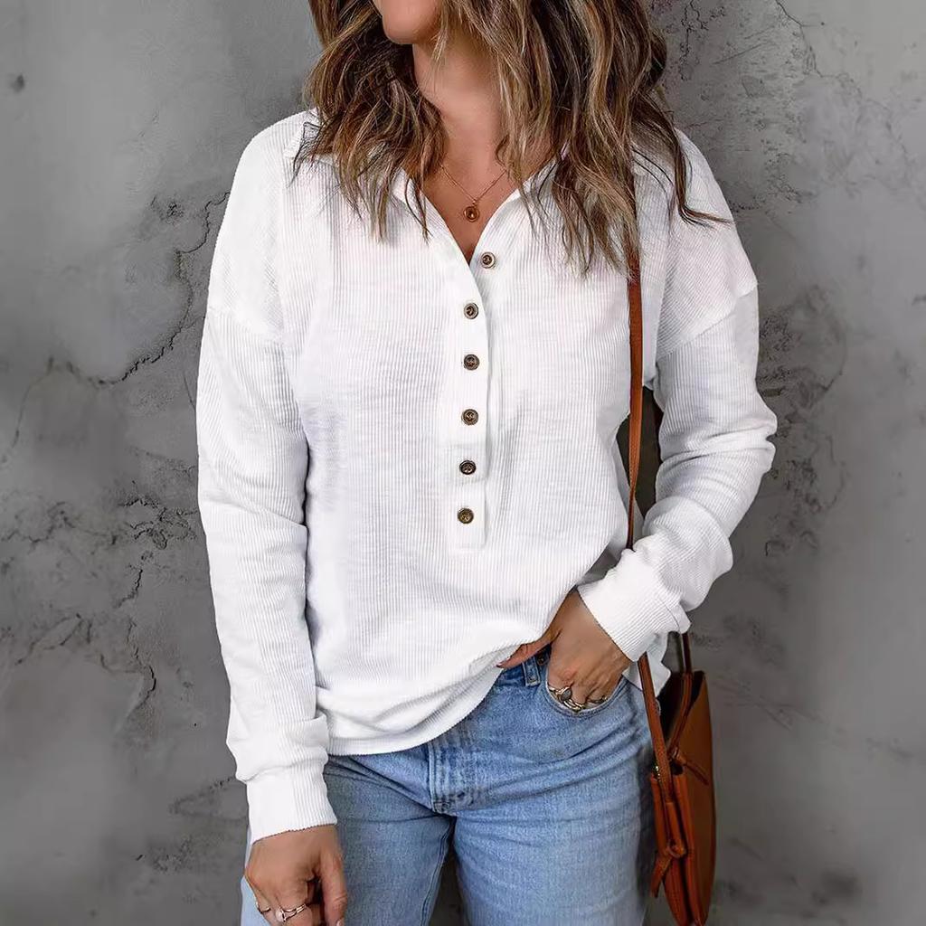 Women Long Sleeve T-Shirt Half Single-breasted Buttons Knitted Blouse Top Loose Elastic Lapel Daily Lady Pullover Shirt