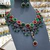 Medieval Necklace High Design Red-Green Glazed Bead Necklace Earrings Retro Short Neck Chain Earrings Set