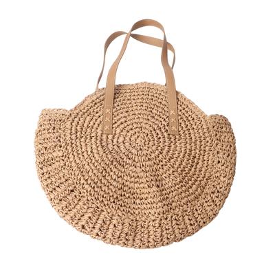Straw Handbag Hand Woven Beach Bag Khaki Round Shape Bag for Women Travel Commutes Shopping