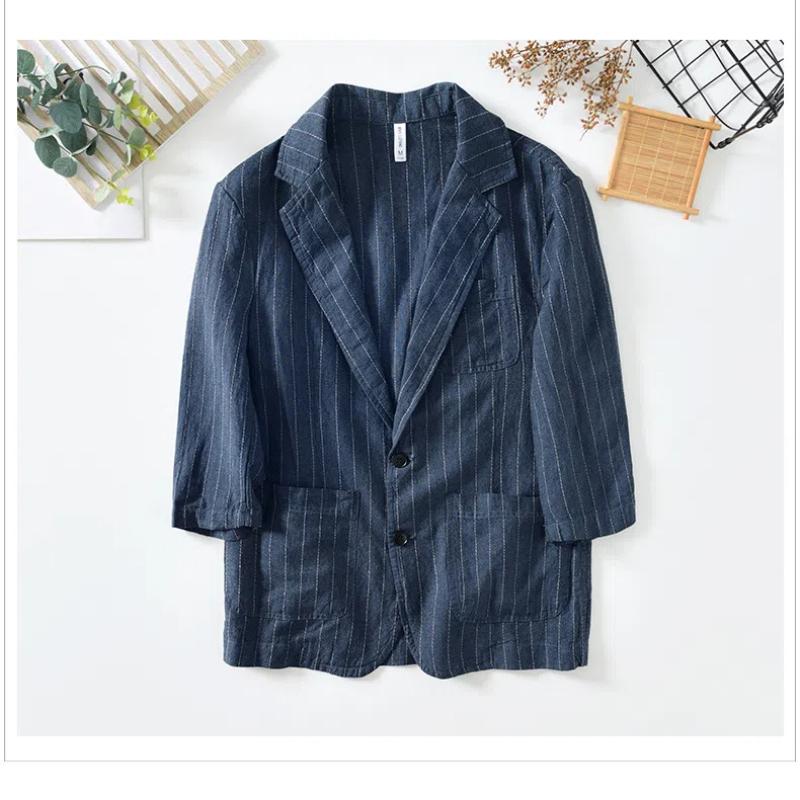 Summer Men's Suits&blazers Japanese Retro Style Stripes Cotton Linen Three Quarter Sleeve Blazer Jacket Slim Fit Casual Jacket