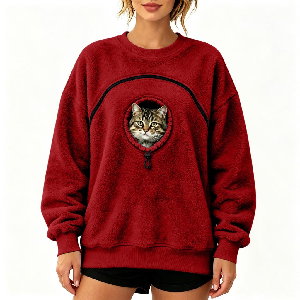 Damen Pullover Sweatshirt in Farbe, lockere Passform, überschnittene Schultern, mit Haustier-Tasche