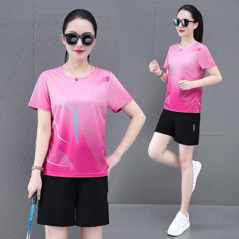 Traje Deportivo de Seda de Hielo de Secado Rápido para Mujer para Verano - Top de Manga Corta y Pantalones Cortos para Tenis de Mesa, Running, Entrenamiento de Bádminton y Fitness.