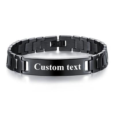 Pulsera de Acero Inoxidable Personalizada con Nombre para Hombre Negra 21cm Correa de Reloj Grabado Liso Logo Pulseras de Identificación Joyería de Regalo