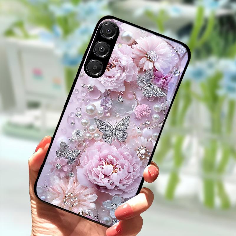 Voor Samsung A56 Glazen Hoesje A26 A36 Hard PC Gehard Glas Telefoonhoesje Voor Galaxy A15 A25 A35 A55 Cartoon Luxe Schokbestendige Hoesjes