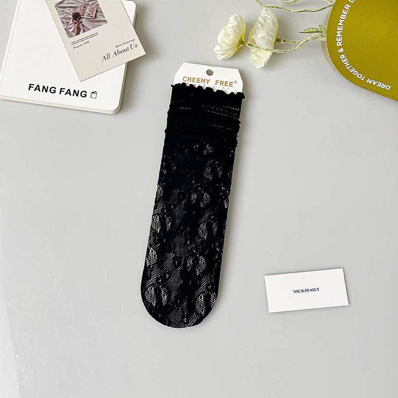Lace Socks, Women's Hollow Mid-calf Socks, Mesh Sweat-absorbing, Black Fungus Edge Pile Socks, Spring and Summer Thin Style, Versatile, Solid Color