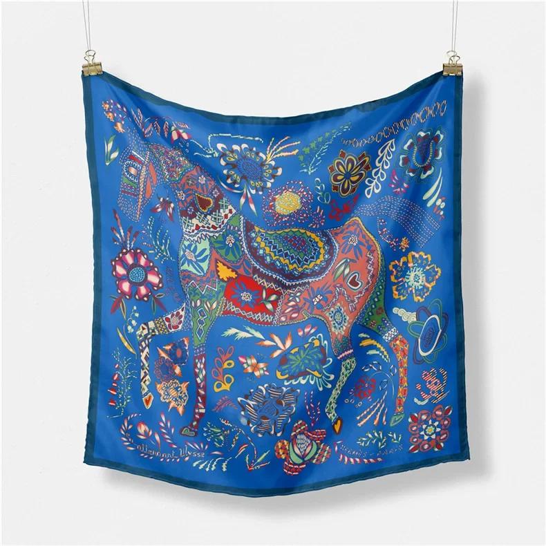 Luxury Horse Print Silk Square Scarf Women Spring Neck Tie Shawl Wraps Female Hair Hand Wrist Headkercheif Hijab Bandana