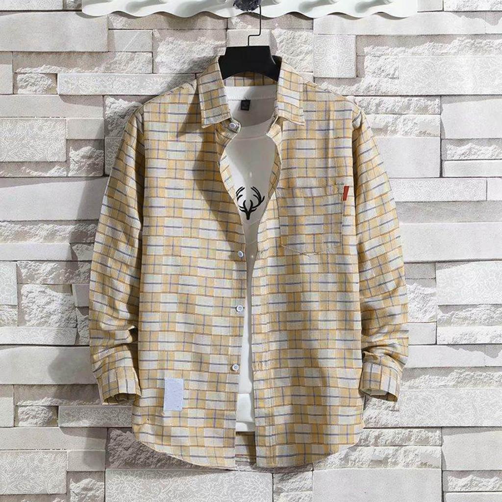 Men's Blouses Lapel Shirt Long Sleeve Plaid T-shirts  Loose Shirt With A Coat Button Down Casual Shirts Plus Size Fashion Tops