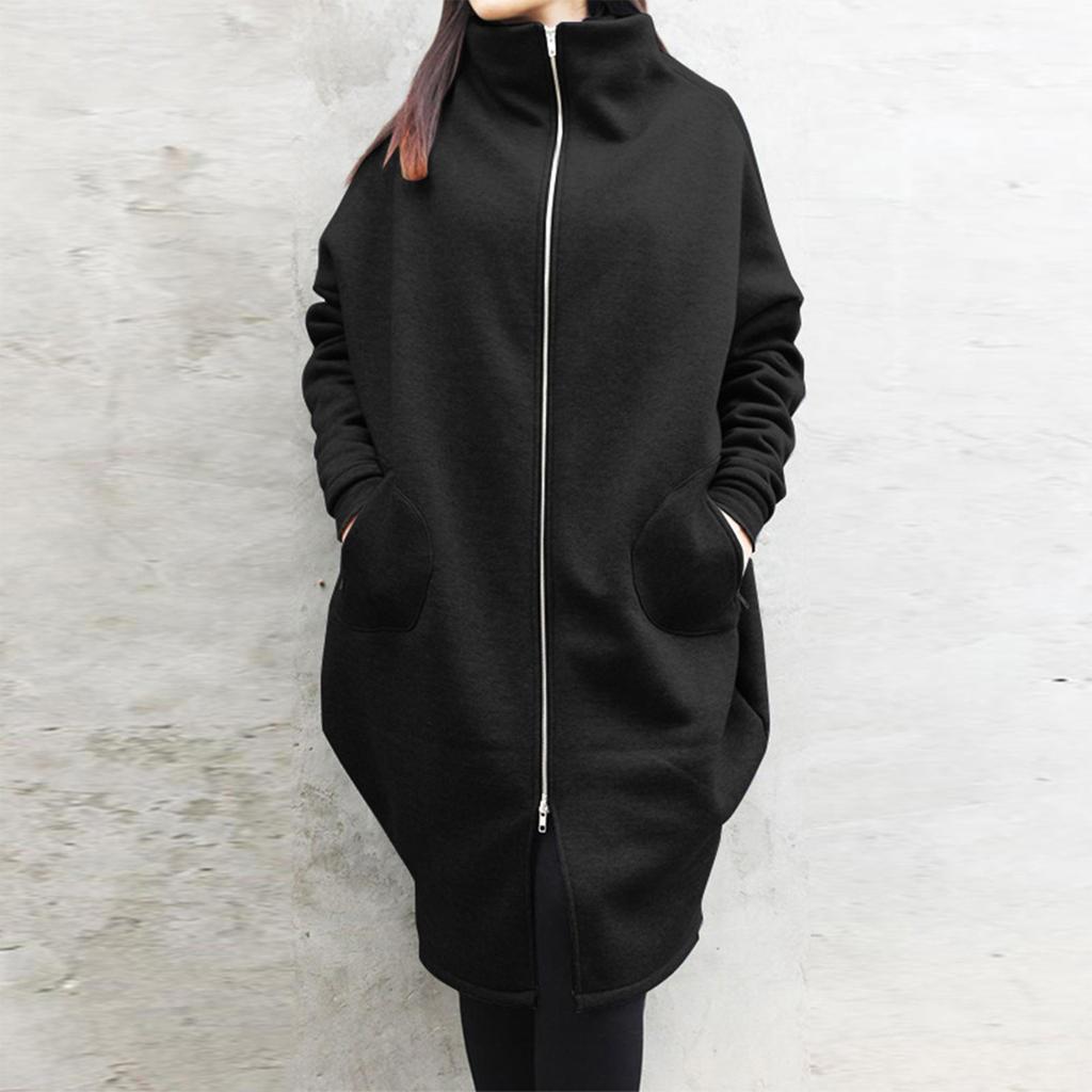 Women's Casual Loose Long-sleeved Zipper Hooded Long Padded Sweatshirt Coat