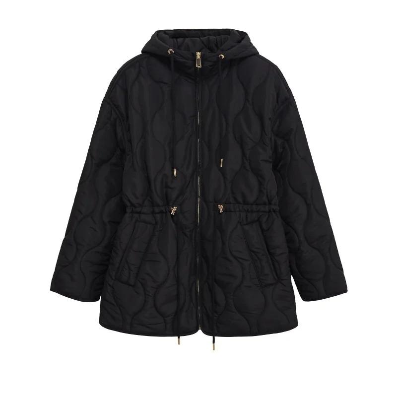 Winter Damesmode Verticale Kraag Strik Capuchon Taille Gevulde Jas Licht Warm Losse Jas