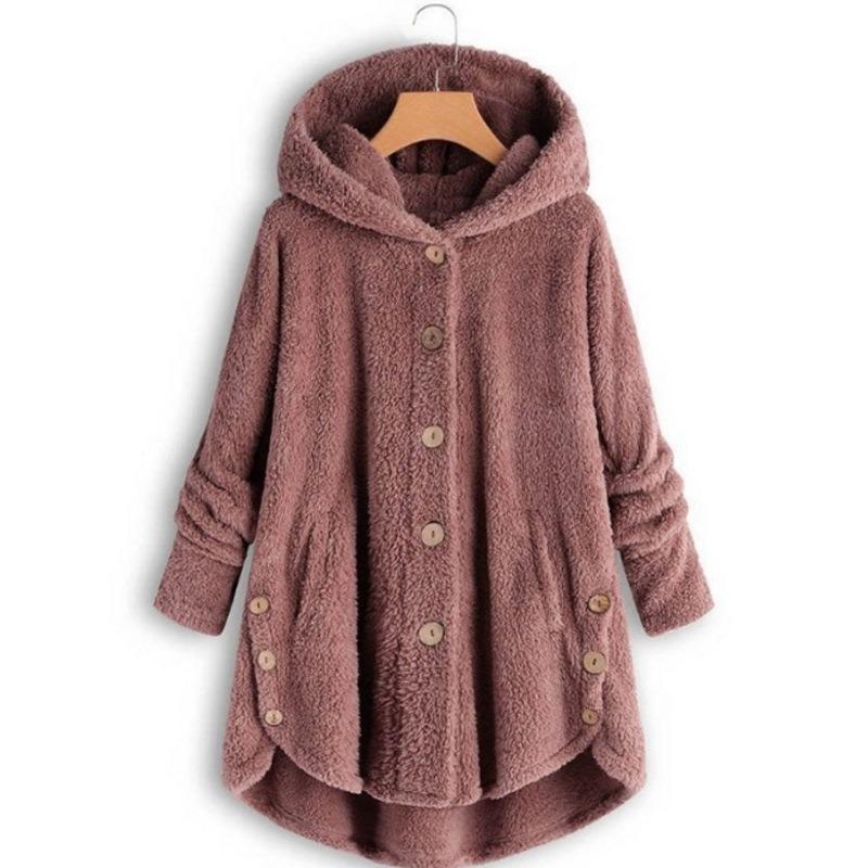 Women S Solid Color Hooded Button Plush Casual Coat