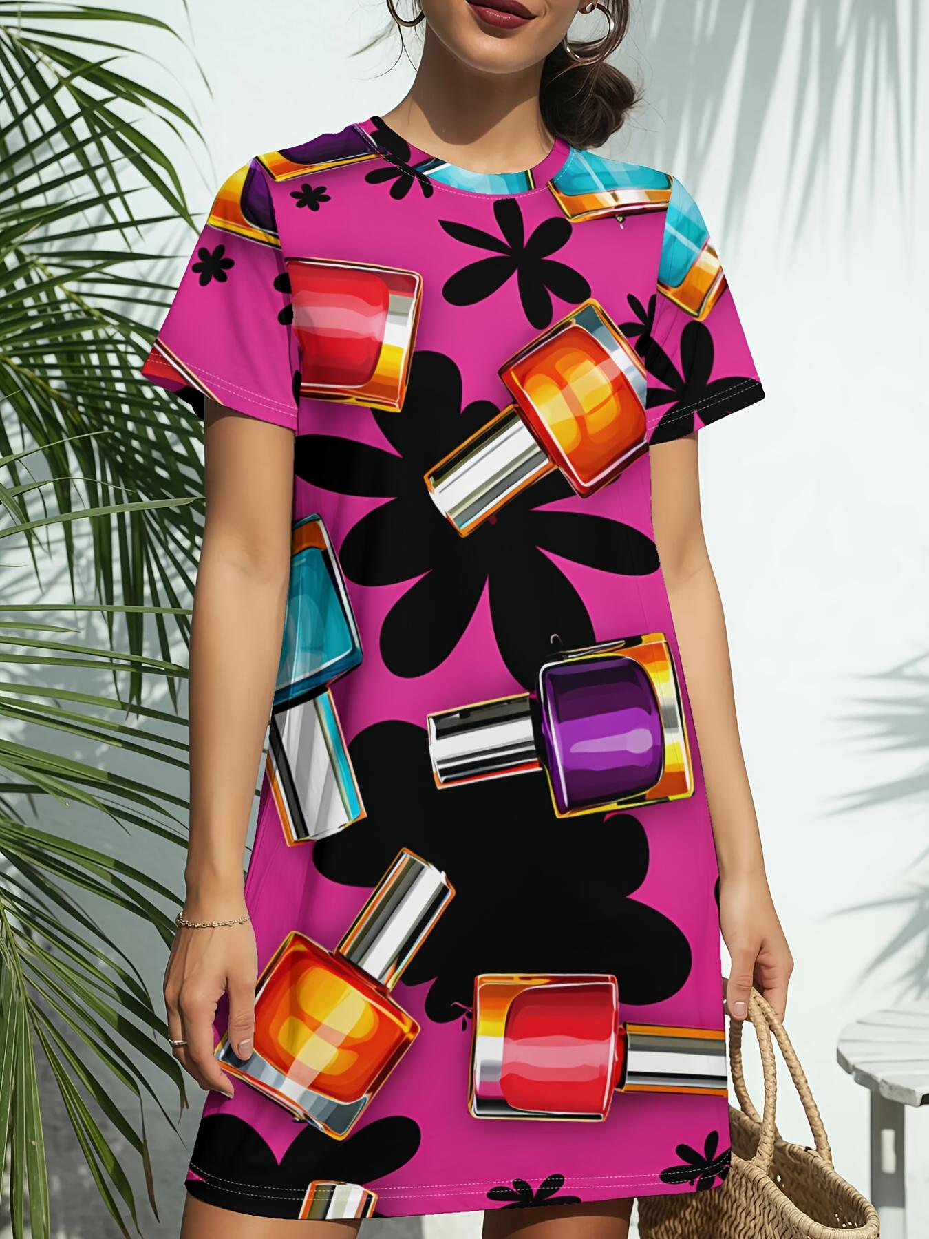 

Women s Pink Candy Print Short Sleeve T-Shirt Dress - Round Neck Casual -Line Dress Suitable for Daily Wear. Birthday Gifts. Spring Summer Outfits. Am S дубильна кора