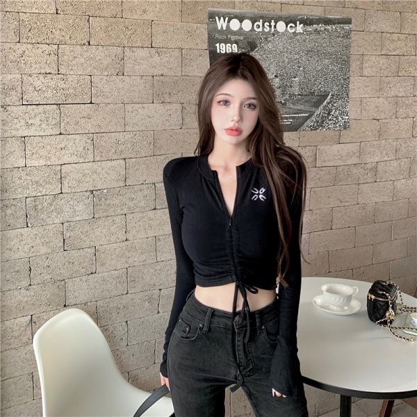 

Куртка-кардиган с длинным рукавом для женщин, толстовка с круглым вырезом на молнии, облегающий укороченный топ с завязками, повседневная футболка One Size