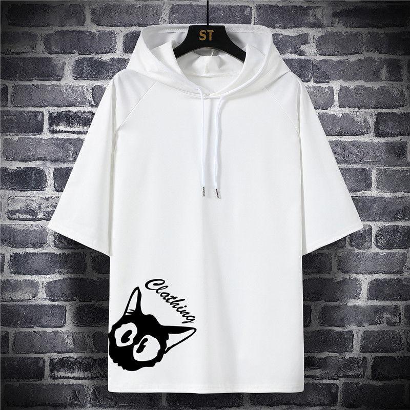 Herren Sommer Kapuzenshirt Kurzarm Lose Große Größe Kapuzenpullover Fünf Punkte Ärmel Top
