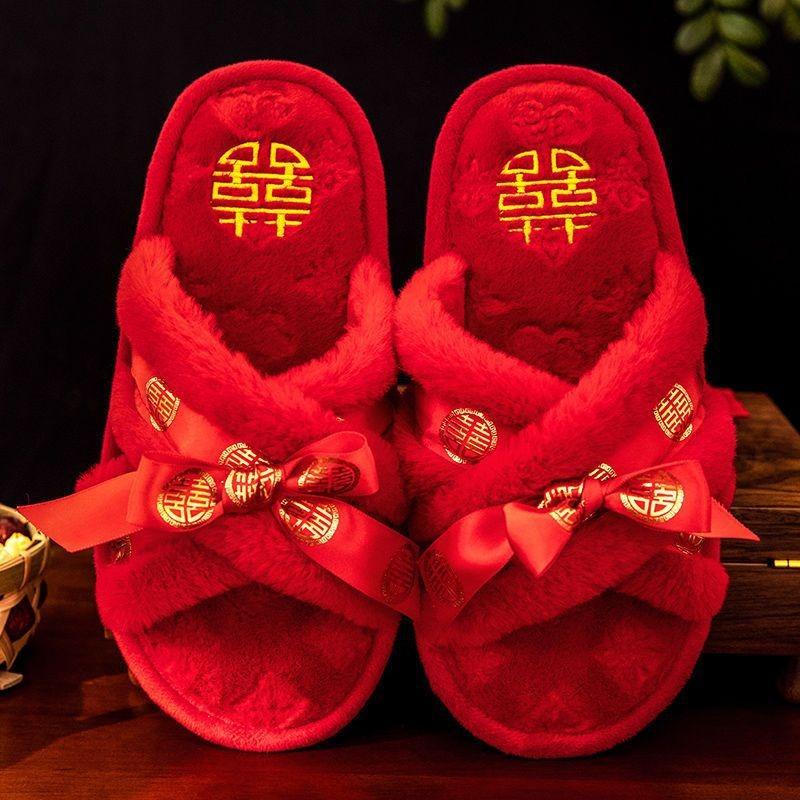 Wedding slippers four seasons indoor home bride dowry red happy slippers thick-bottomed spring and autumn wedding slippers