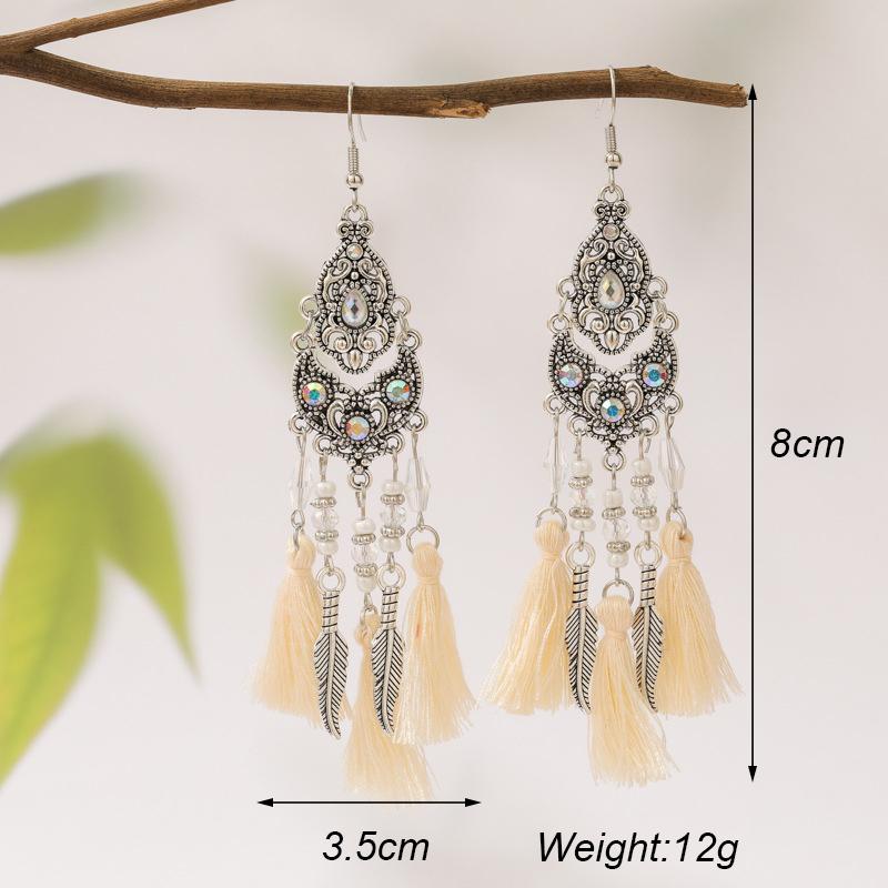 New Ethnic Temperament Tassel Earrings for Women Fashion Long Rhinestone Rice Bead Leaf Dangle Earring Wedding Party Jewelry