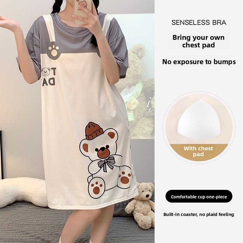 Summer Women Short Sleeve Nightgowns with Chest Pad Female cartoon Print Homewear young Girl Cute Nightdress casual loose Loungewear