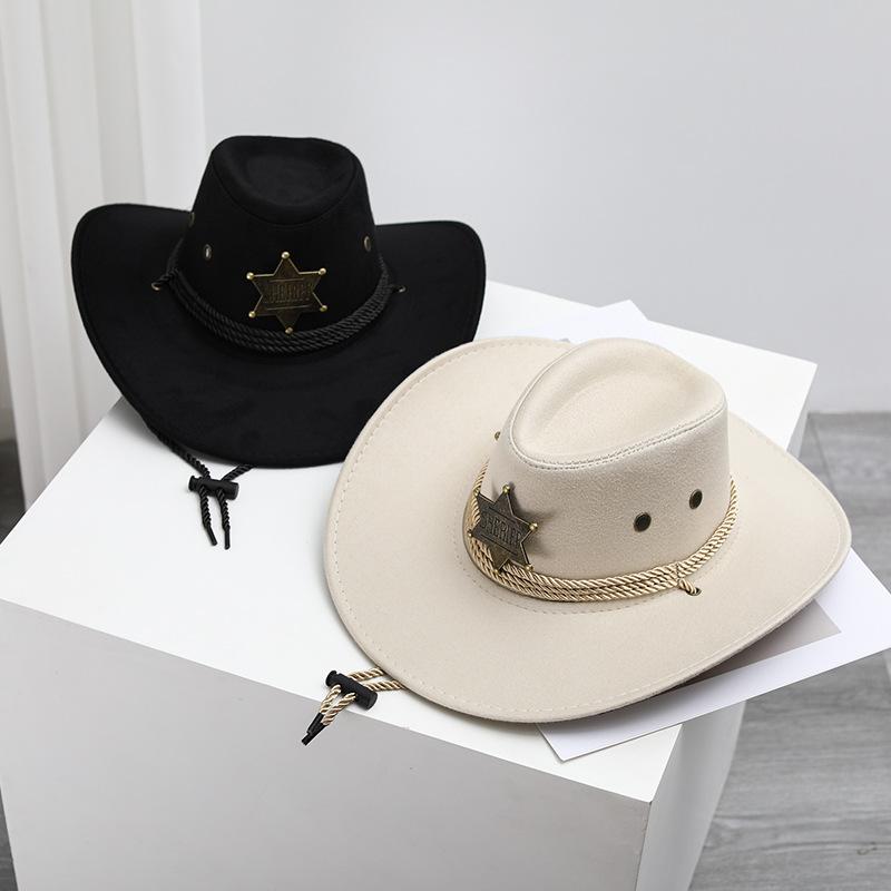 Western Cowboy Hat, Vintage Sheriff Hat Men's and Women's Horseback Riding Tourism Fishing Shade Sun Protection Belt Wind Rope