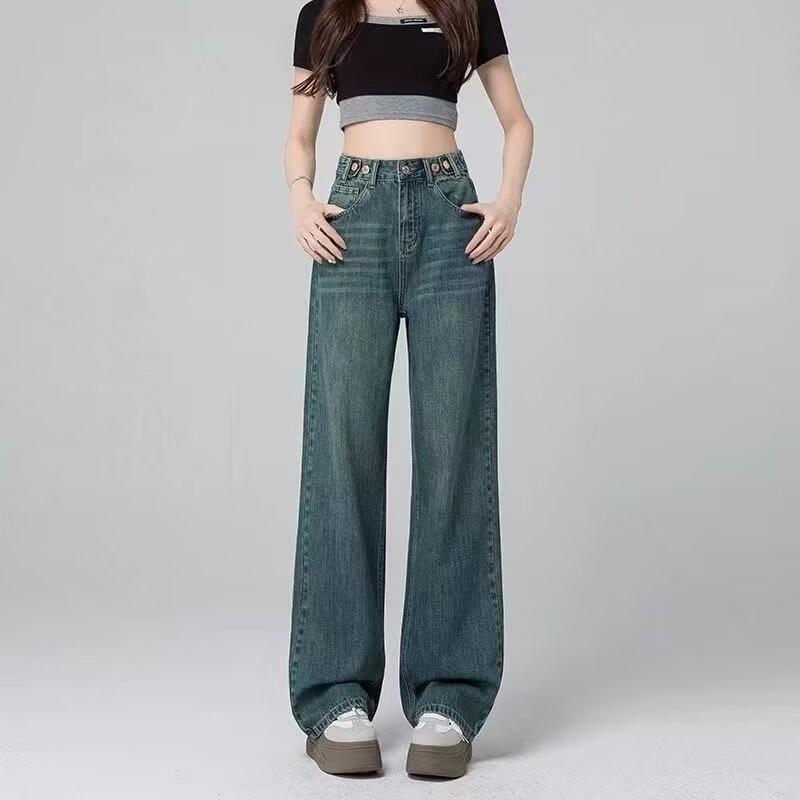 Women's High-Waisted Wide-Leg Light Jeans - Spring/Autumn 2024, Loose, Slimming, Straight, Floor-Length.