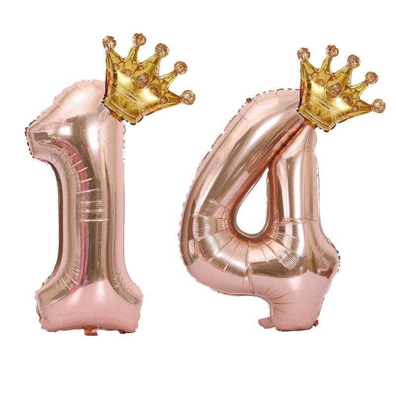 1PC 32 Inch Rose Gold Crown Digital Number Foil Balloons Princess Birthday DecorationParty Wedding Xmas Number Balloon Anniv