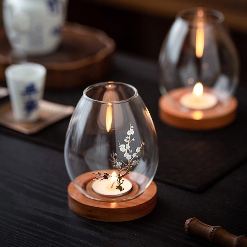Windproof Candle Shade Cover Candle Shade Cover with Wood Base Home Decorations