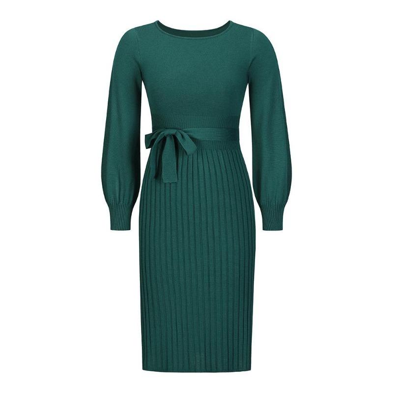 Women Elegant Long-Sleeved Knitted Dress New Spring Autumn Fashion Skirt Lady Casual Slim-fit High-quality Solid Color Sweater Pleated Skirt