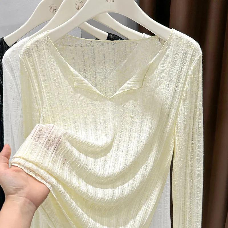 Top de punto acanalado para mujer, ajuste ceñido, manga larga, cuello en V, capa base