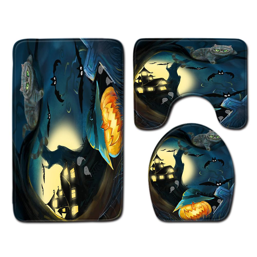 Halloween Shower Curtain Floor Mat Combination Four-Piece Set Bathroom Toilet Carpet Shower Room Foot Mat